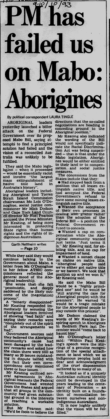 PM has failed us on Mabo: Aborigines, 1993
