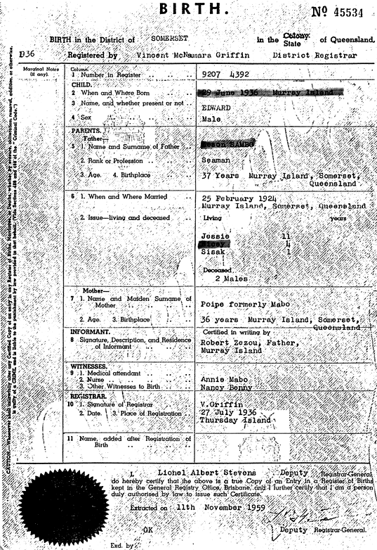 Mabo Koiki s Birth Certificate Extract 1936