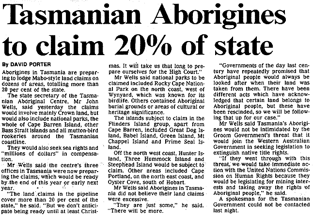 Tasmanian aborigines to claim 20% of state, 1993