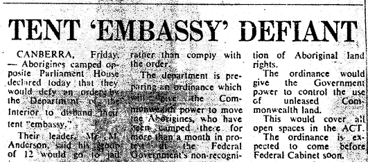 Tent 'Embassy' defiant, 1972