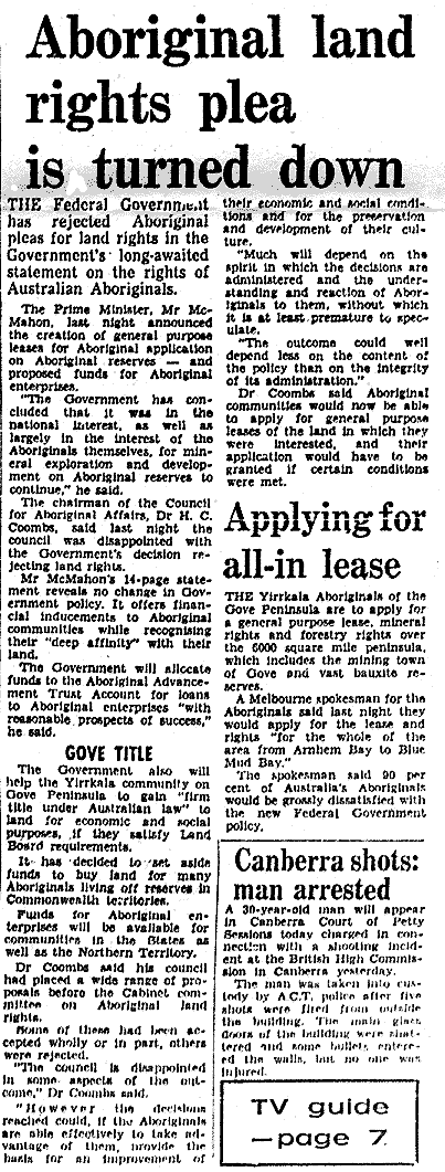 Aboriginal land rights plea is turned down, 1972