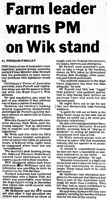 Farm leader warns PM on Wik stand, 1997