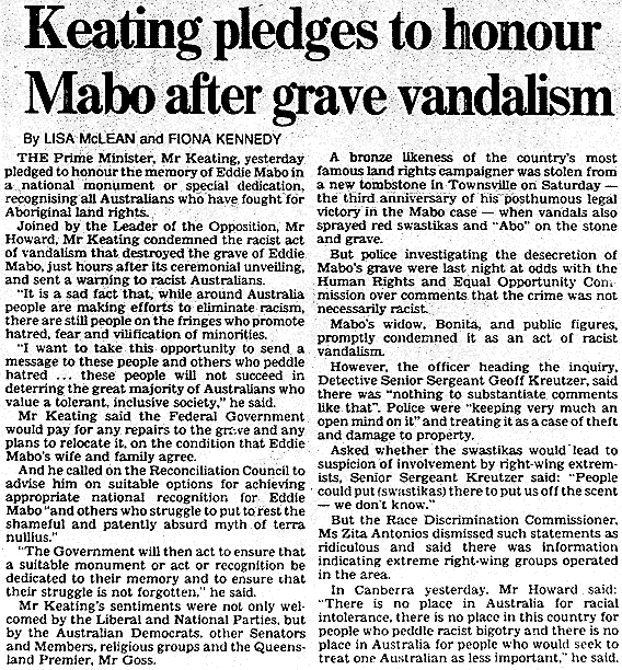 Keating Pledges to Honour Mabo after Grave Vandalism, 1995