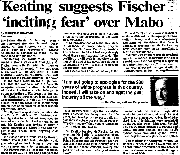 Keating suggests Fischer 'inciting fear' over Mabo, 1992