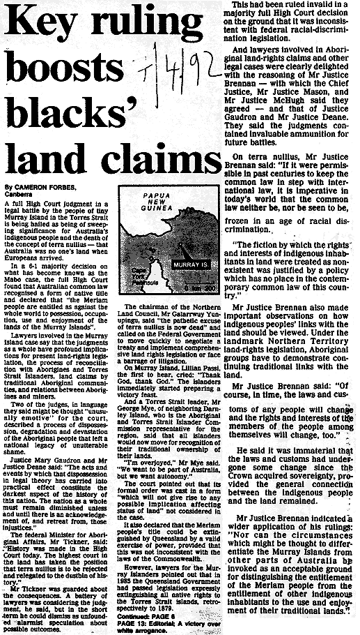 Key ruling boosts blacks' land claims, 1992