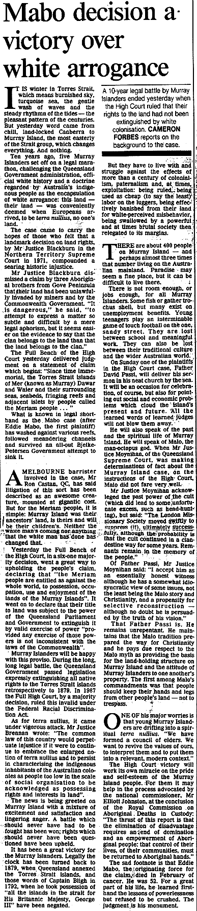 Mabo decision a victory over white arrogance, 1993