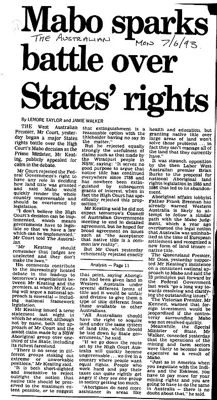 Mabo sparks battle over State's rights, 1993