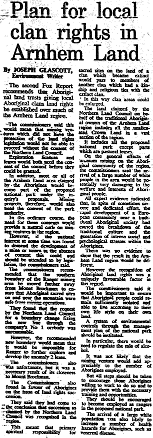 Plan for local clan rights in Arnhem Land, 1977