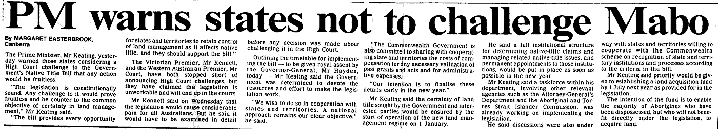 PM warns states not to challenge Mabo, 1993
