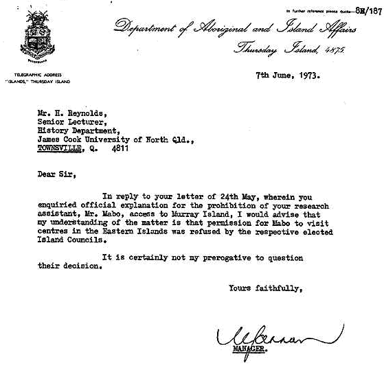 Letter re refusal for Mabo to visit Mer, 1973